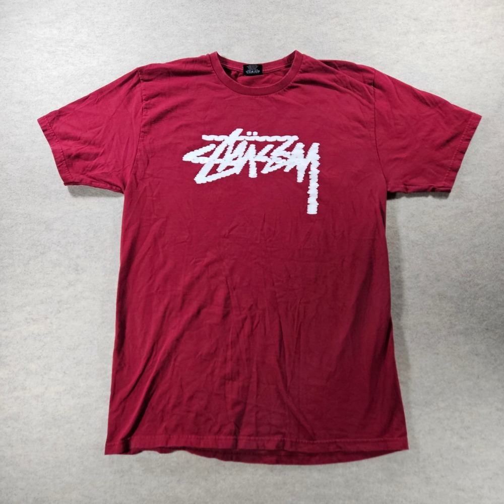 Stussy Big Stock Logo T Shirt Mens L Burgundy Red White Made in Mexico